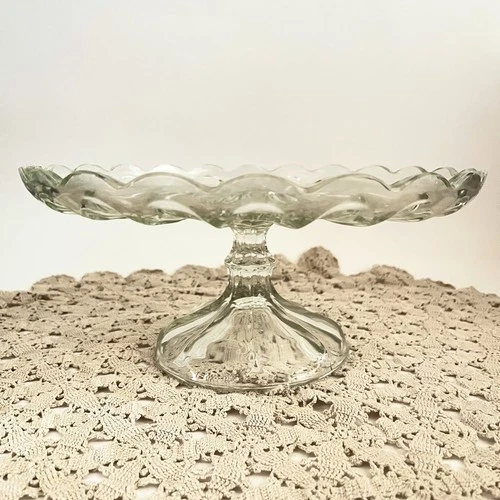 Vintage Clear Glass Pedestal Cake Stand 10” Scalloped Plate Anchor Hocking