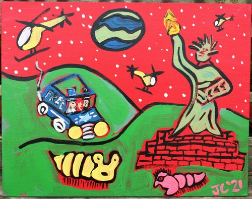 STATUE OF LIBERTY ON MARS by Jr CHARLIE FAST FOLK POP ART SPACE WORMS PAINTING - Picture 2 of 7