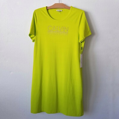 Calvin Klein Womens L T-Shirt Dress Rhinestone Logo Short Slv Cotton Neon Green