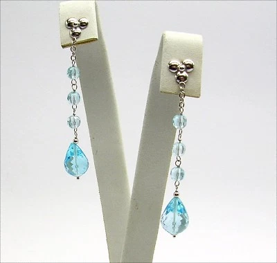 Boucles D'Oreilles En Or Blanc 18KT Avec Des Gouttes De Topaze Bleue OBHT 049 - Photo 1/3