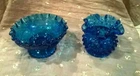 (2) Vtg Fenton Colonial Blue ~ Hobnail Ruffled Vase & Grape Pattern Bowl