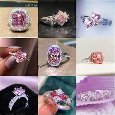 Women Jewelry 925 Silver Pink Sapphire Wedding Engagement Party Ring Size 6-10