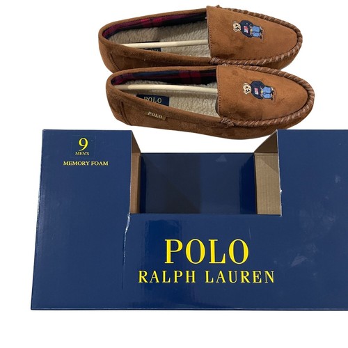 Polo Ralph Lauren Herren Größe 9 Bär bestickt Mokassin Hausschuhe Memory Foam hellbraun - Bild 4 von 4