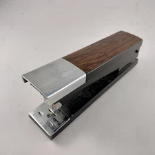 Vintage ACCO 20 1970s Desk Stapler Mid-Century Faux Wood Grain with Chrome
