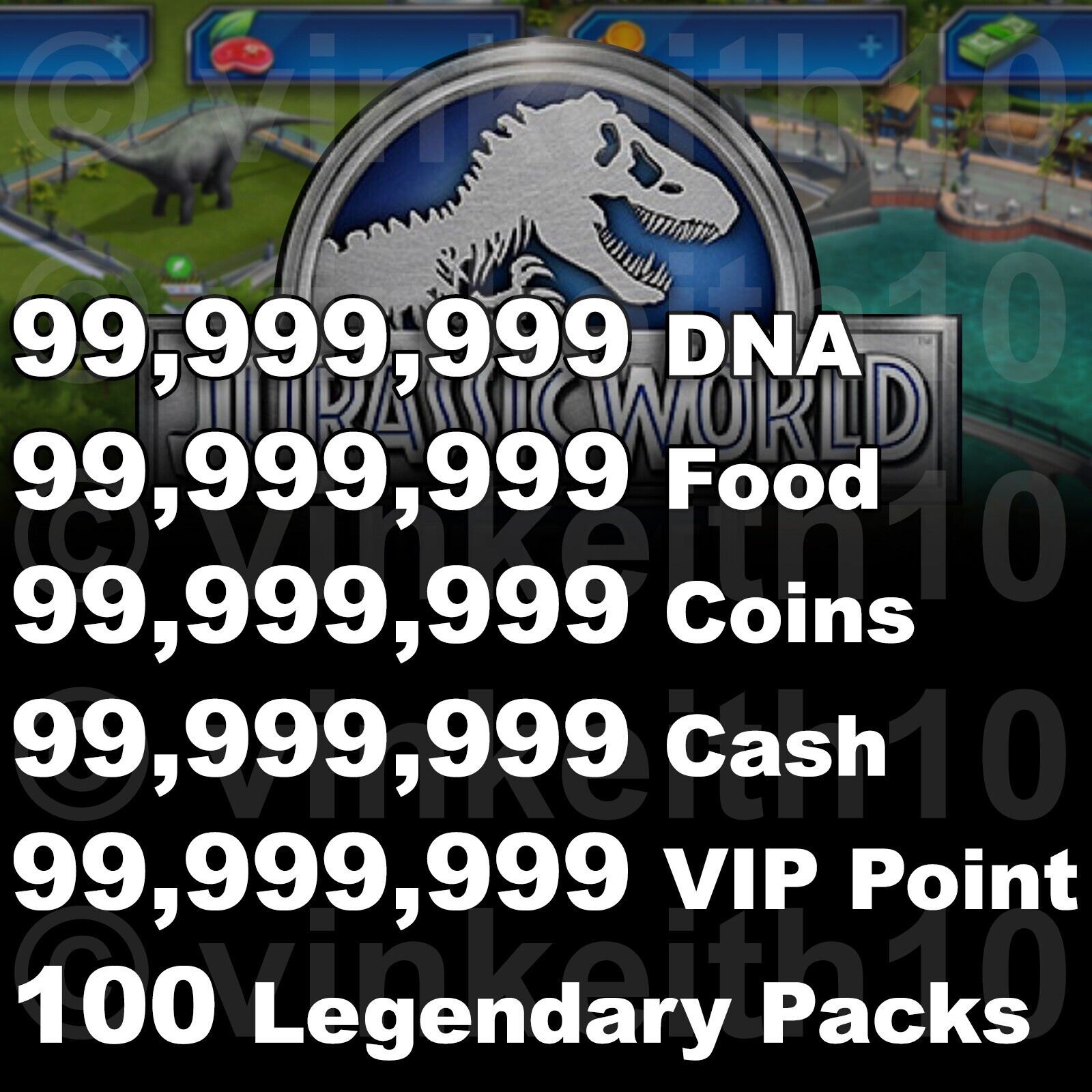 Jurassic World The Game Builder IOS Android DNA Food Coins Cash VIP 100 Packs