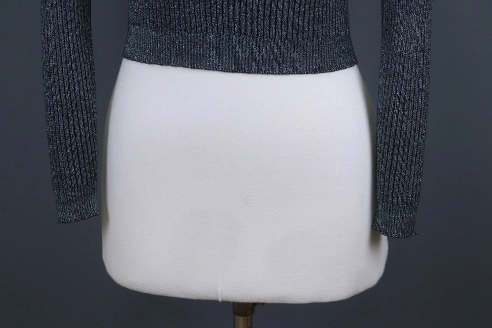 CHANEL шелк хлопок синий блестящий блестящий резинке ребристый укороченный свитер размер 36 - Изображение 3 из 4