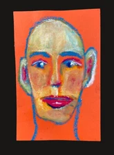 Portrait Painting Naive Outsider 4x6 Wall Art Buddhist Monk Orange Miz Katie