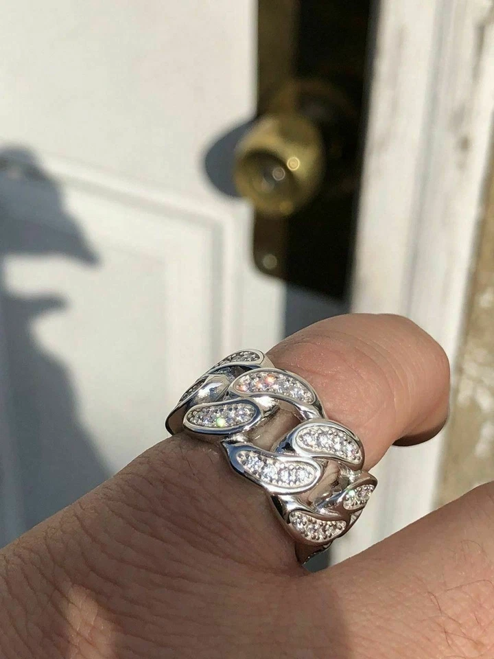 Mens Miami Cuban RING Real Solid 925 Silver/14k Gold Plated Band Pinky HipHop CZ - Image 3 of 4
