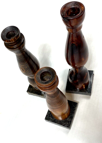 Vintage Set Candle Holders Wood Grain Pillars Marble Bases MCM Retro Decor - Picture 6 of 8