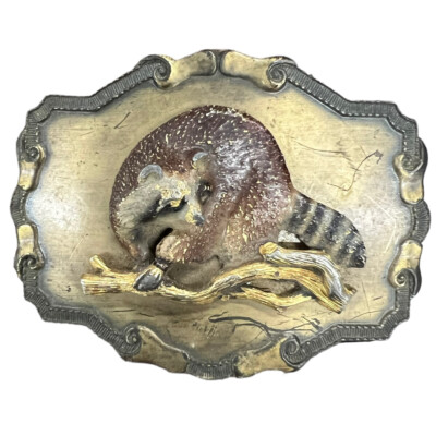 Raccoon Vintage 1977 Raintree Men's Brass Belt Buckle 3D Enamel 3.75'' Retro 70's