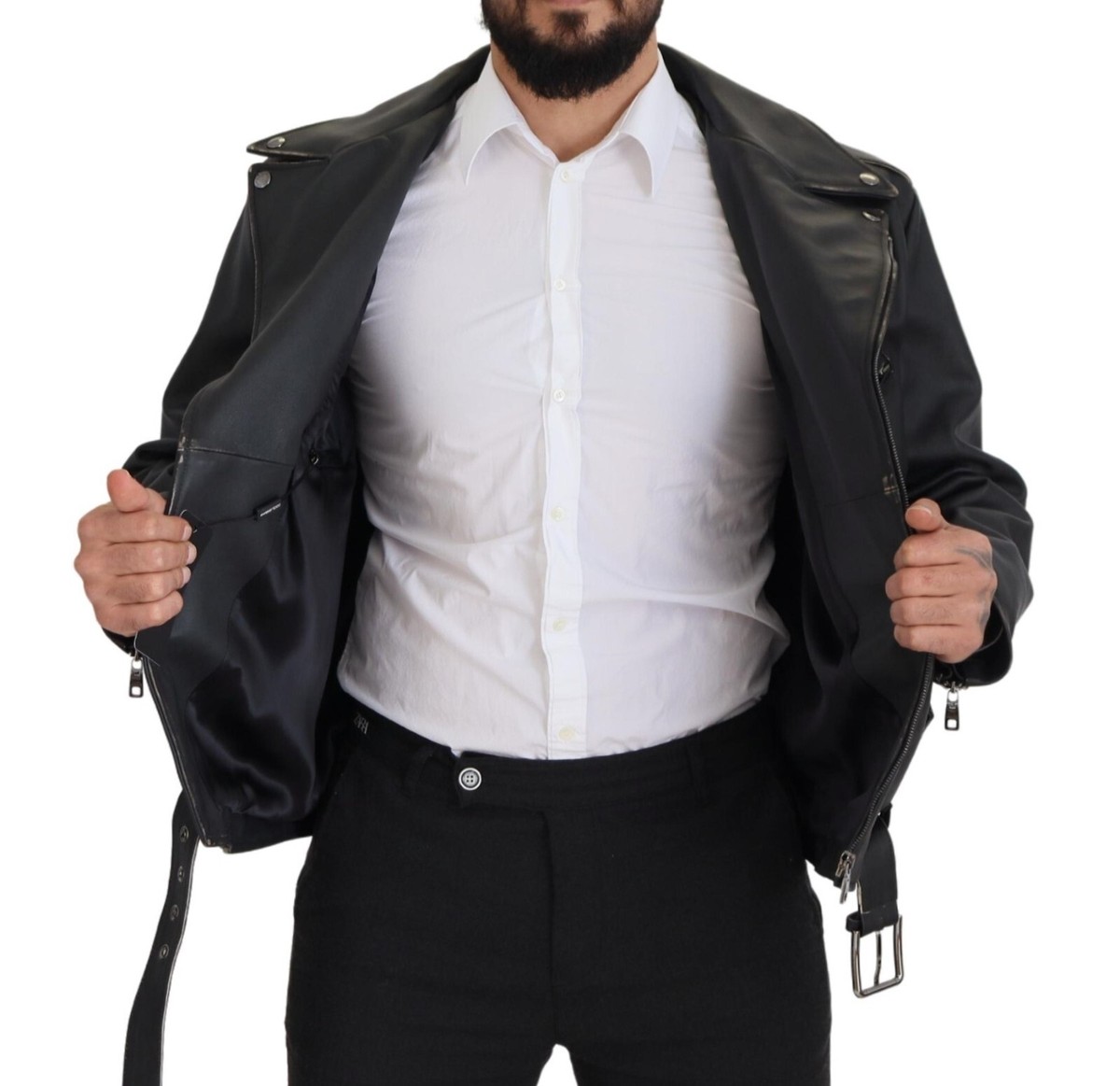 DOLCE & GABBANA Jacket Black Leather Biker Coat Zipper IT46 DOLCE & GABBANA Jacket Black Leather Biker Coat Zipper IT46