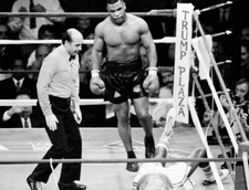 Mike Tyson Of The Usa Looks Down At Larry Holmes Of The Usa 1988 Boxing Photo
