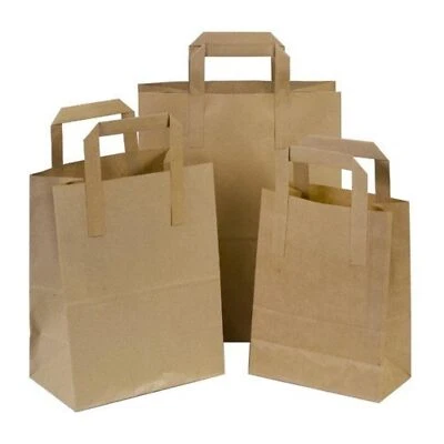 Brown Paper Bags with Handles Takeaway SOS Food Carrier Small 18x9x22cm