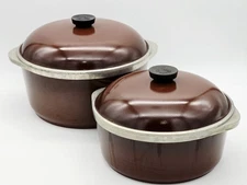 2 Vtg Club Brown Pot Round Cast Aluminum Dutch Oven Roaster Pans W Lids