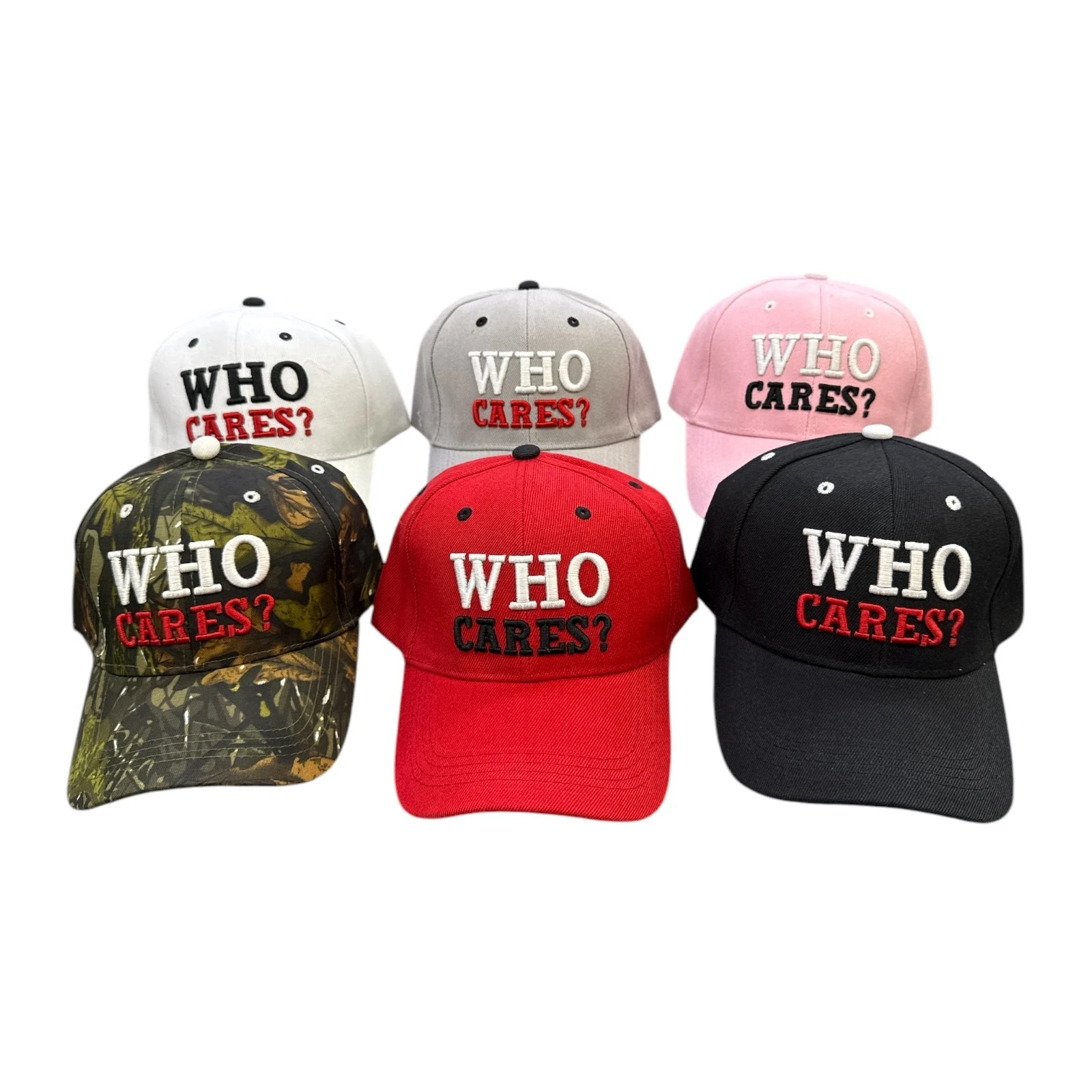 WHO CARES? Embroidered Baseball Hat Adjustable Cap – Multiple Colors