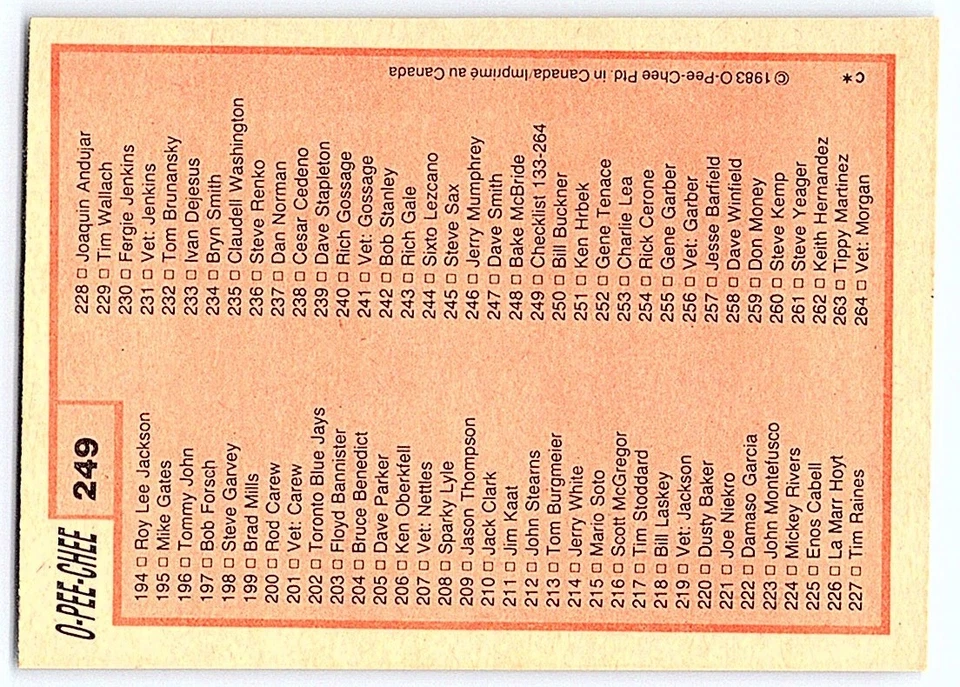 1983 O-Pee-Chee Checklist: 133-264 #249 - Image 2 of 2