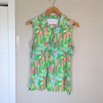 Lillie Green Golf Palm Fronts 1/4 Button Polo Tank Medium Green Pink Coastal