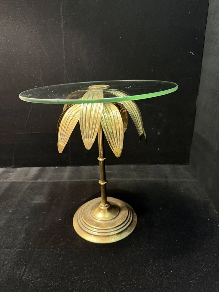 VTG 1980’s Small Charming Brass And Glass Palm Tree Accent Table - Image 2 of 4