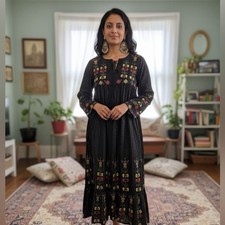 Anthropologie RAGA Black Embroidered Dress Size Medium