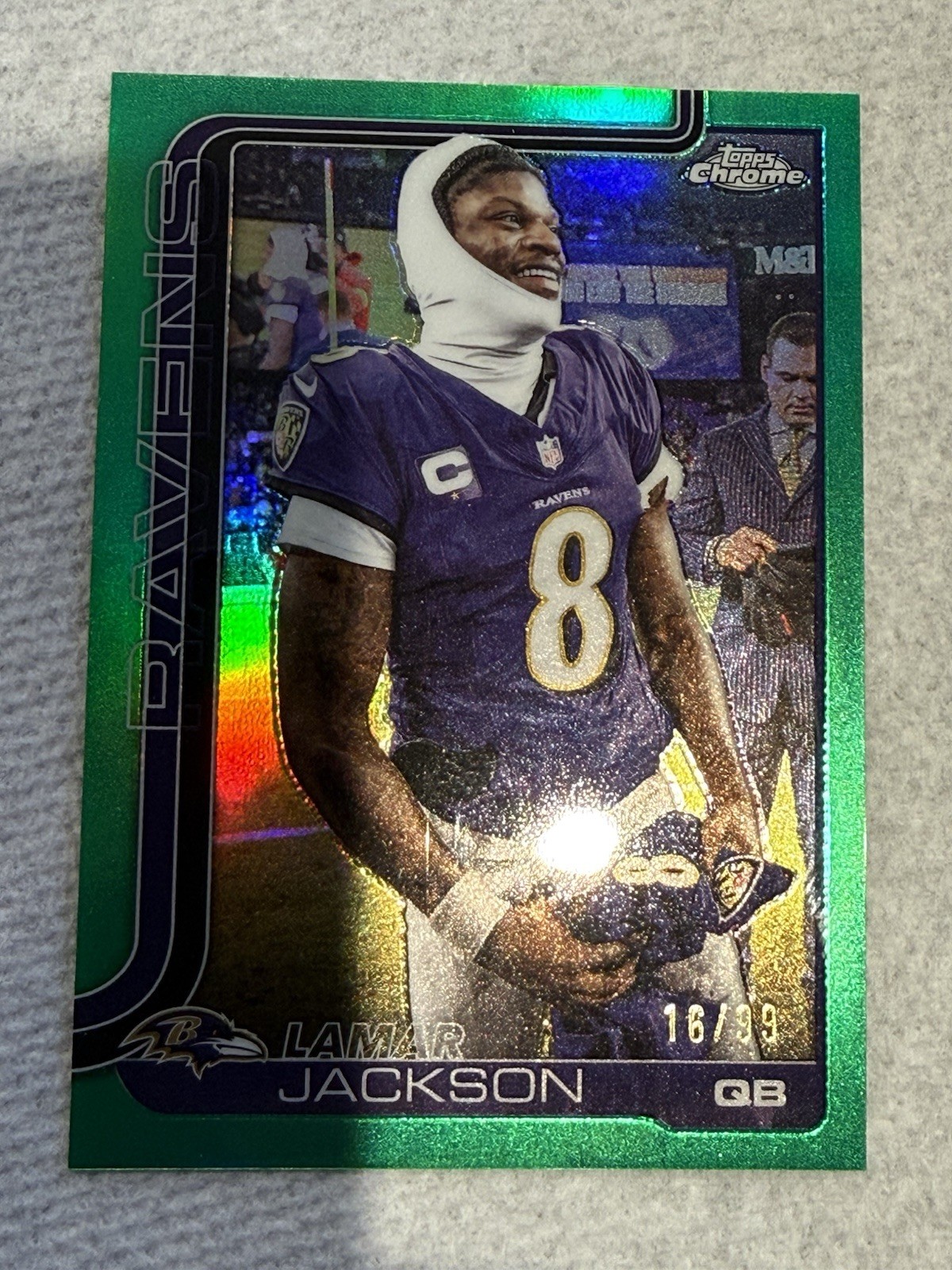 Topps 2025 Chrome Lamar Jackson Green Parallel #24.  16/ 99 Ravens Variation
