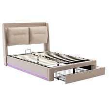 Ottoman Storage Gas Lift 4ft6 Double Bed Upholstered Bed Frame with LED, Beige
