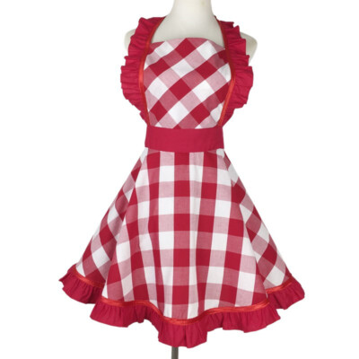 Women Lace Up Check Plaid Apron Halter Neck Ruffle Kitchen Cooking Chef Maid Fit