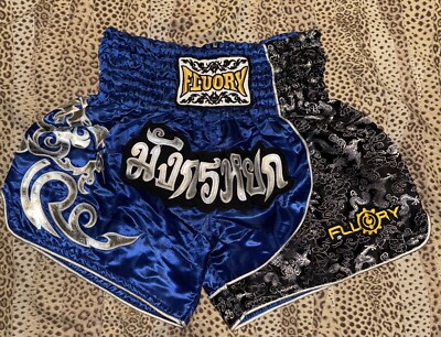 FLUORY Muay Thai Shorts MMA Fight size Small Blue Silver Black 0531