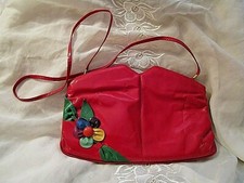 VINTAGE 1980's DEEP RED 2-WAY  NANCY'S LEATHER BAG  Floral Applique  MIRROR
