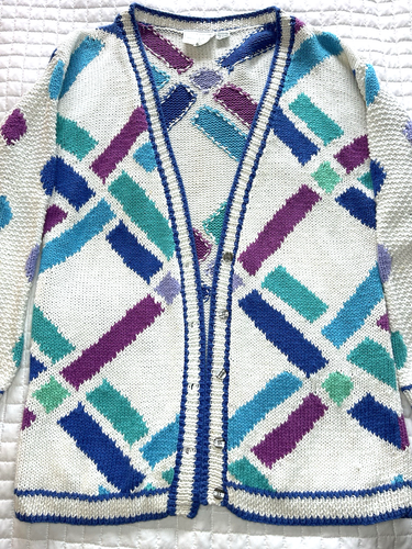 80s Cable Knit Geometric Cardigan Sweater Cotton Button Up Retro Colorful VTG M - Picture 2 of 11