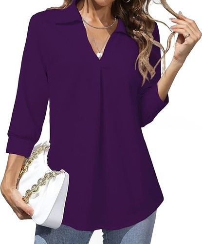 Women Blouse Collared V Neck 3/4 Sleeve Shirts Dressy Casual Tunic Loose Tops - 第 1/1 張圖片