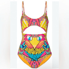 Mara Hoffman Parrot Tropical One Piece Swimsuit Size Large Cutout Pink Yellow