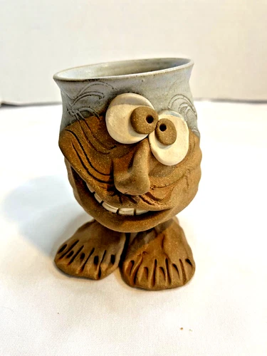 Vintage 3D Funny Face Big Feet Mug  Hand Crafted Pottery 1980 Stoneware Folk Ar