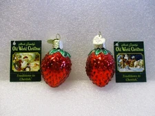 2003 Merck Family's 2 Old World Christmas Blown Glass Sweet Strawberry Ornaments