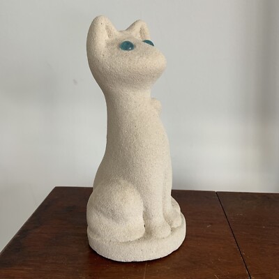 Sand Cast Sandy Finish Cat Figurine w Blue Glass Eyes SIGNED ceramic stoneware