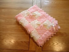 Lovely Hand Knitted Baby Cot or Pram Blanket in Baby  Pink and White wool