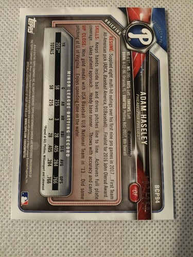 2018 ADAM HASELEY BOWMAN CHROME PURPLE REFRACTOR ROOKIE CARD RC #BCP94 /250 - Picture 2 of 2