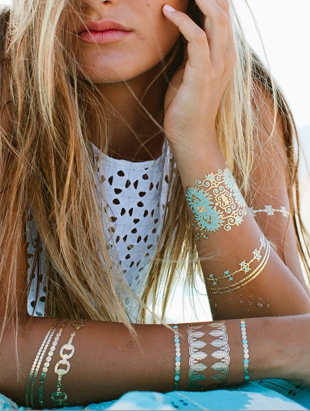 Tatouage Temporaire Adhésif Une Fois Doré Argenté 7 Pièces Bracelet Collier WF57 - Photo 4/4