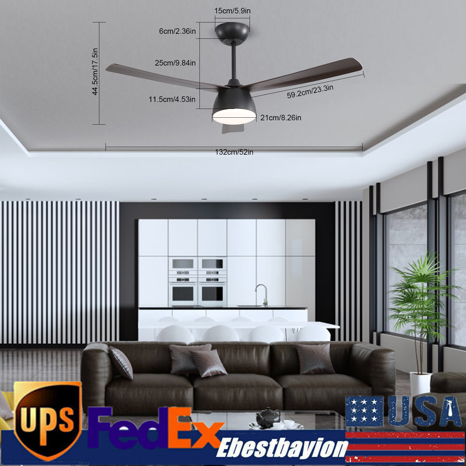 52 Inch Industrial Ceiling Fan with Light Remote Control Modern Fan Lamp  