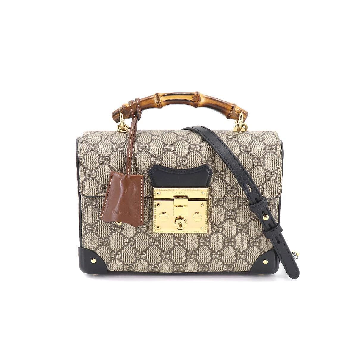 GUCCI Bamboo Small Hand Shoulder Bag GG Supreme Leather Beige