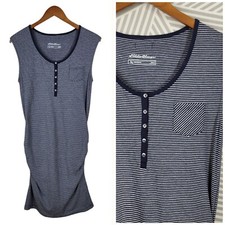 Eddie Bauer Shirt Dress Size Small Casual Ruched Stretch Blue Gray Striped