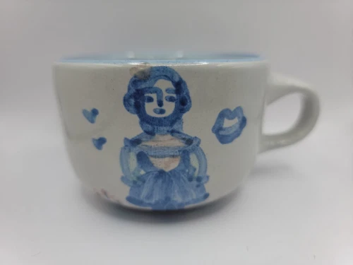M.A. HADLEY SIGNED BLUE WHITE FARMER'S WIFE COFFEE TEA CUP "THE END" FARM MUG