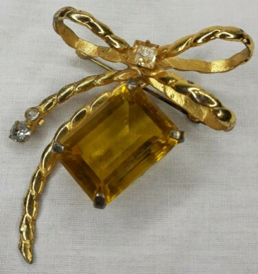 Vintage MCM Adele Simpson Bow Brooch Sterling Silver Topaz Faceted Signed