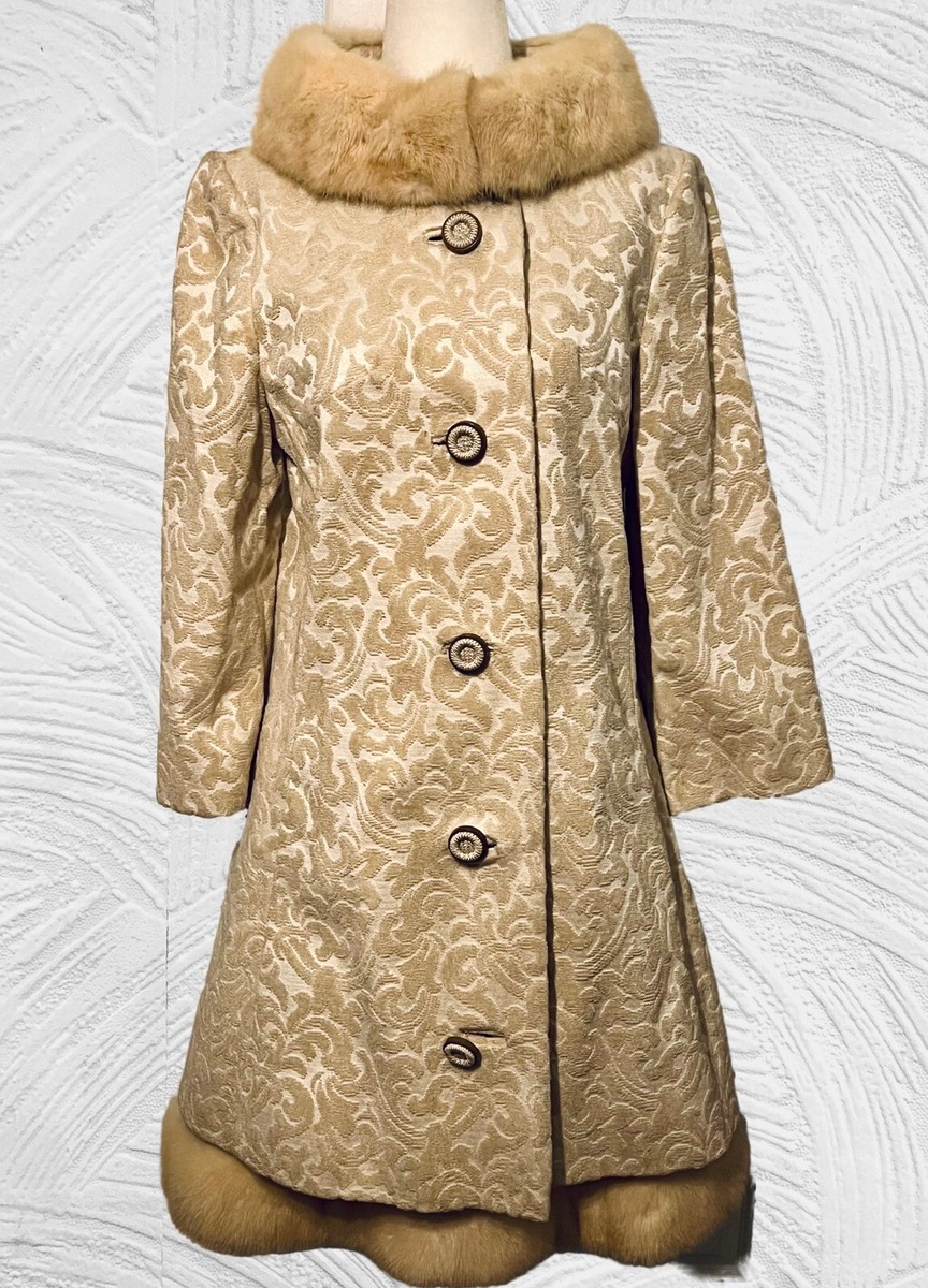 Vintage 1960s Lilli Ann Ivory Carpet/Tapestry Coat & Dress Set Fur