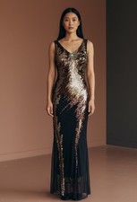 Vtg 90s Cach Beaded Sequin Silk Gown Backless Sz 6 Black Brown Prom