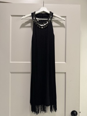 Muse Boston Proper Black Vintage Style Sleeveless Fringe Cocktail Dress, Size 4