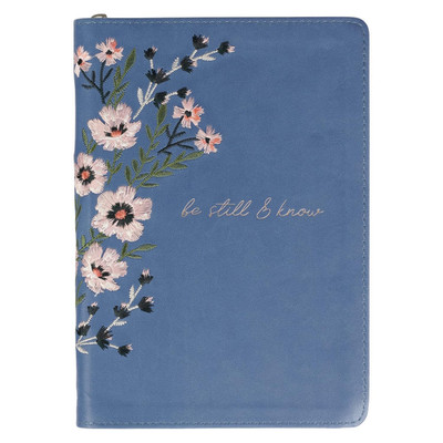 Classic Faux Leather Journal Be Still & Know Psalm 46:10 Blue Floral Embroidered