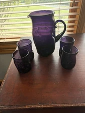 Blenko Glass Crocus Dimpled Pitcher & 4 Matching Glasses Perfect Condition Set