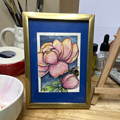 ACEO OOAK Pink Peony Bee W/ Gold Picture Frame