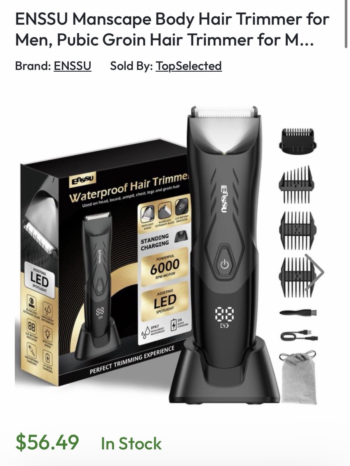 ENSSU Waterproof Body Trimmer Black USB Charging LED LCD Multi Attachments