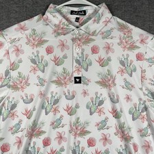 Bad Birdie Polo Shirt Mens Large White Cactus Floral Tropical Golf Stretch Print